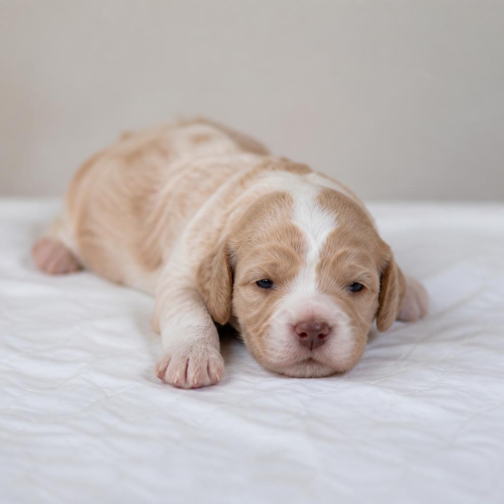 Copper, a apricot and cream parti, soft wavy coat Goldendoodle puppy